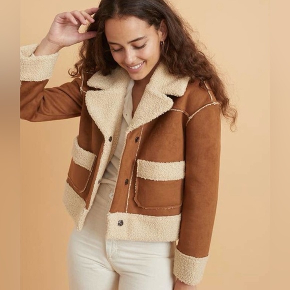 Marine Layer Jackets & Blazers - 🆕 NWOT Marine Layer Quebec Sherpa Coat Jacket Suede Tortoise Shell Cream Nova XS